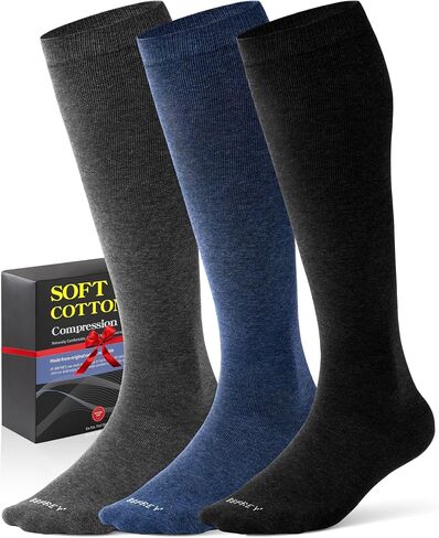 Men's Cotton Compression Socks 20-30 mmHg (3 Pairs) - Knee High Support for Circulation, Travel, Flying, Dress in Saudi Arabia