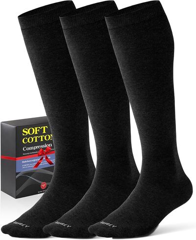 Men's Cotton Compression Socks 20-30 mmHg (3 Pairs) - Knee High Support for Circulation, Travel, Flying, Dress in Kuwait