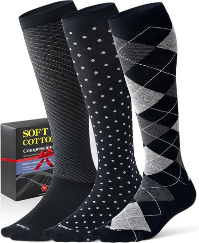 Men's Cotton Compression Socks 20-30 mmHg (3 Pairs) - Knee High Support for Circulation, Travel, Flying, Dress in Kuwait