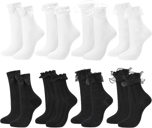 8 Pairs Lace Ruffle Crew Socks Frilly Socks Cute Princess Ankle Dress Sock with Bow Vintage Lolita Breathable Soft Cotton in Kuwait