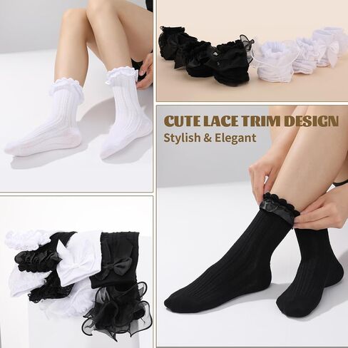 8 Pairs Lace Ruffle Crew Socks Frilly Socks Cute Princess Ankle Dress Sock with Bow Vintage Lolita Breathable Soft Cotton in Kuwait