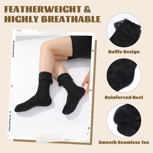 8 Pairs Lace Ruffle Crew Socks Frilly Socks Cute Princess Ankle Dress Sock with Bow Vintage Lolita Breathable Soft Cotton in Kuwait