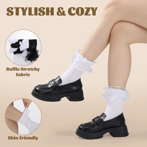 8 Pairs Lace Ruffle Crew Socks Frilly Socks Cute Princess Ankle Dress Sock with Bow Vintage Lolita Breathable Soft Cotton in Kuwait