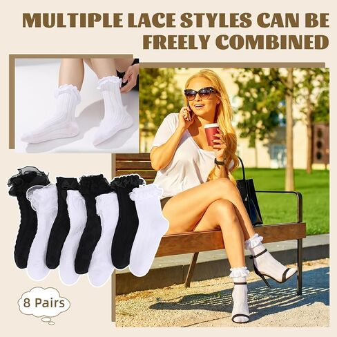 8 Pairs Lace Ruffle Crew Socks Frilly Socks Cute Princess Ankle Dress Sock with Bow Vintage Lolita Breathable Soft Cotton in Kuwait