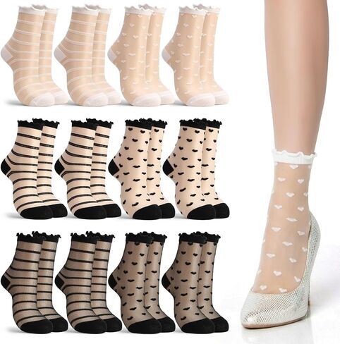 12 Pairs Women's Sheer Socks, Black White See Through Socks Striped Thin Mesh Lace Transparent Crew Sock for Girls in Kuwait
