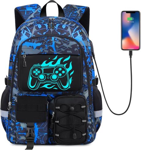School Backpack for Boys - 4pcs Gamer Boys Backpack with Lunch Box Set for Kids Teens Elementary Middle High School,18″ Large Capacity Students Bookbag with Usb Charging Port & Key-chain in Saudi Arabia