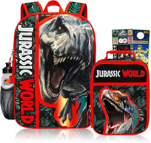 Jurassic Park Backpack with Lunch Box - Bundle with 17" Dinosaur Backpack, T-Rex Lunch Bag, Water Bottle, Stickers, More | Jurassic Park School Bag with Lunchbox Set in Kuwait