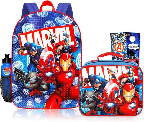 حقيبة ظهر وصندوق غداء للأولاد من Marvel Avengers - حزمة مع حقيبة ظهر مقاس 16 بوصة تضم Iron Man وCaptain America وMore Plus وصندوق غداء معزول وملصقات وزجاجة مياه | حقيبة مدرسية Avengers للأطفال in Kuwait