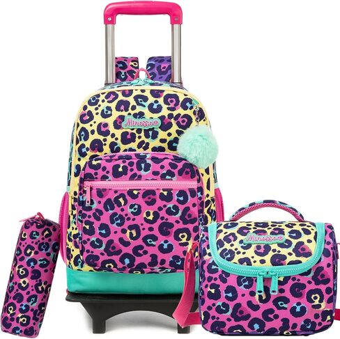 Rolling Backpack for Kids Girls Rolling Backpack for School Backpacks with Wheels for Kids 8-12 Leopard Print Love Roller Backpacks for Girls with Lunch Box in Saudi Arabia
