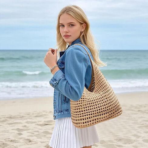 RNIEGA Crochet Beach Tote Bag For Women Summer Aesthetic Hippie Purse Knit Shoulder Bags For Daily Vacation Travel in Saudi Arabia