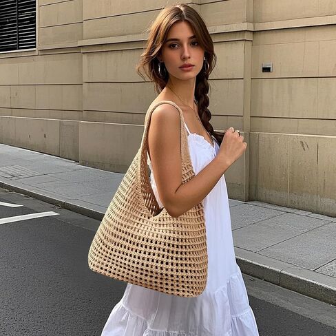 RNIEGA Crochet Beach Tote Bag For Women Summer Aesthetic Hippie Purse Knit Shoulder Bags For Daily Vacation Travel in Saudi Arabia
