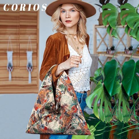 CORIOS Canvas Handbag for Women - Ethnic Style Tote Top Handle Summer Beach Large Shoulder Bag in Kuwait