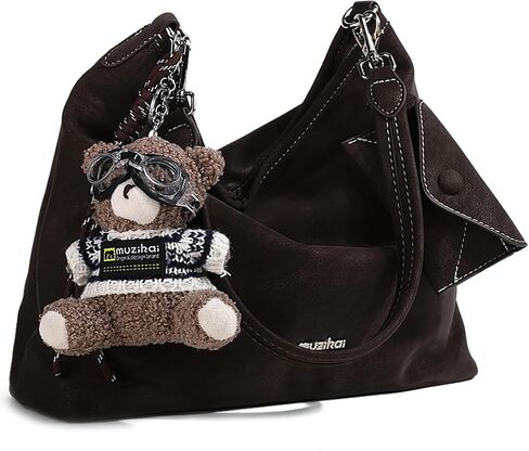 Women's Vintage Hobo Tote Bag Large Capacity Casual Shoulder Bag Soft Faux Suede Retro Slouchy Handbag Bear Charm in Saudi Arabia