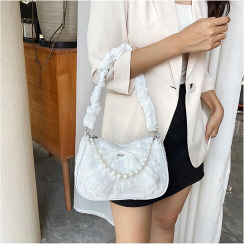 Pearl Shoulder Bag for Women Bow Small Y2k Purse Cute Clutch Hobo Handbag Trendy Evening Underarm Purse in Saudi Arabia