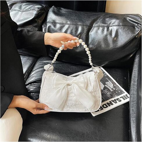 Pearl Shoulder Bag for Women Bow Small Y2k Purse Cute Clutch Hobo Handbag Trendy Evening Underarm Purse in Saudi Arabia