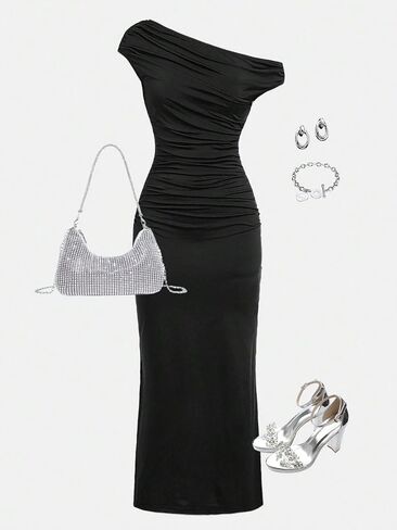 Girl's Off The Shoulder Ruched Maxi Dress Asymmetrical Short Sleeve Split Bodycon Dresses Long for 8-12Y in Saudi Arabia