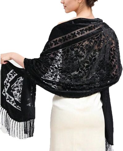 Forlisea Women's Velvet Vintage Floral Rose Shawl Wrap,Sheer Mesh Lace Scarf with Tassels,Evening Shawl for Wedding in Saudi Arabia