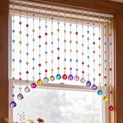 OSVINO Crystal Beaded Curtain for Doorways, 20 Strings Arch Door Beads, Hanging Room Divider Bead Curtains, No Drill Self-Adhesive for Bedroom Window Closet Entryway Home Decor, Rainbow in Saudi Arabia