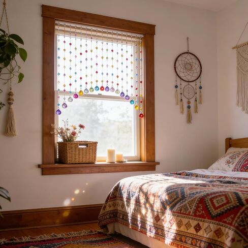 OSVINO Crystal Beaded Curtain for Doorways, 20 Strings Arch Door Beads, Hanging Room Divider Bead Curtains, No Drill Self-Adhesive for Bedroom Window Closet Entryway Home Decor, Rainbow in Saudi Arabia