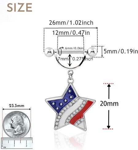 14G American Flag Nipple Rings Dangle Star for Women Girls 316L Stainless Steel Cubic Zirconia Hypoallergenic Nipple Piercing Jewelry 2Pcs in Saudi Arabia