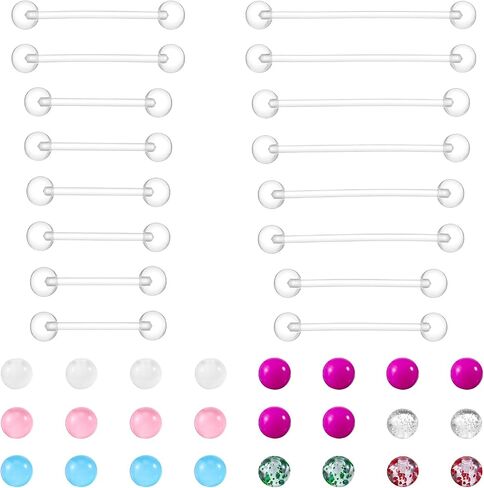 16Pcs Plastic Nipple Piercing Jewelry, 14G Clear Tongue Ring, Long Bar Nipple Barbell Piercings for Women - Bar Length 16/19/22/25/32/35/38mm, 24Pcs Multicolor Replacement Balls in Saudi Arabia