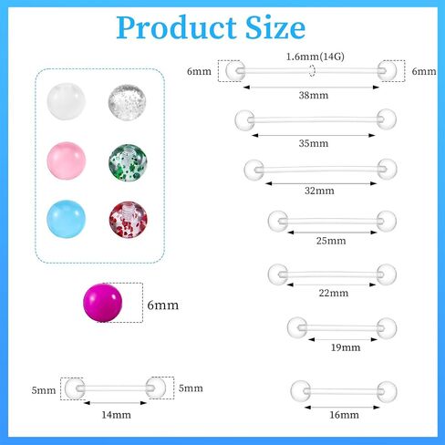 16Pcs Plastic Nipple Piercing Jewelry, 14G Clear Tongue Ring, Long Bar Nipple Barbell Piercings for Women - Bar Length 16/19/22/25/32/35/38mm, 24Pcs Multicolor Replacement Balls in Saudi Arabia