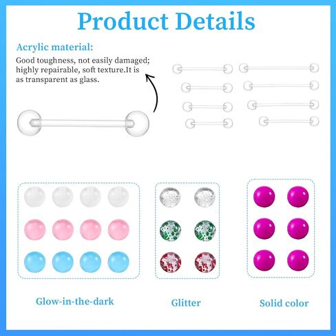 16Pcs Plastic Nipple Piercing Jewelry, 14G Clear Tongue Ring, Long Bar Nipple Barbell Piercings for Women - Bar Length 16/19/22/25/32/35/38mm, 24Pcs Multicolor Replacement Balls in Saudi Arabia