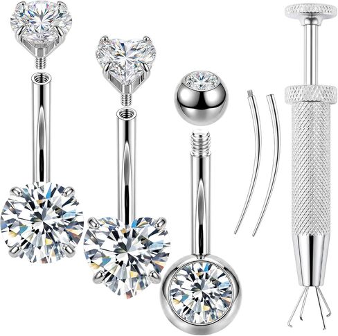 JELUTAR 316L 14G Belly Button Rings, 6 PCS Hypoallergenic Surgical Steel Belly Button Piercing Kit, Cubic Zirconia Navel Barbell Stud Body Piercing Jewelry for Women Men, Silver in Saudi Arabia