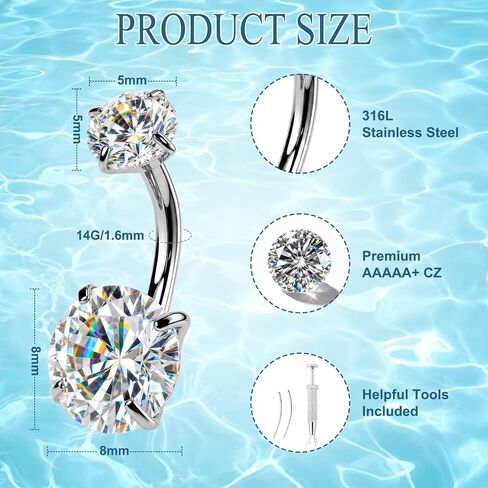 JELUTAR 316L 14G Belly Button Rings, 6 PCS Hypoallergenic Surgical Steel Belly Button Piercing Kit, Cubic Zirconia Navel Barbell Stud Body Piercing Jewelry for Women Men, Silver in Saudi Arabia