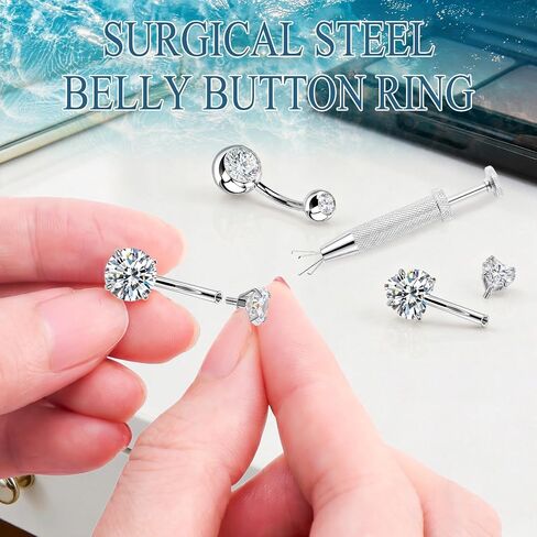 JELUTAR 316L 14G Belly Button Rings, 6 PCS Hypoallergenic Surgical Steel Belly Button Piercing Kit, Cubic Zirconia Navel Barbell Stud Body Piercing Jewelry for Women Men, Silver in Saudi Arabia