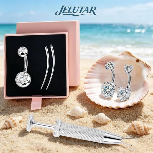 JELUTAR 316L 14G Belly Button Rings, 6 PCS Hypoallergenic Surgical Steel Belly Button Piercing Kit, Cubic Zirconia Navel Barbell Stud Body Piercing Jewelry for Women Men, Silver in Saudi Arabia