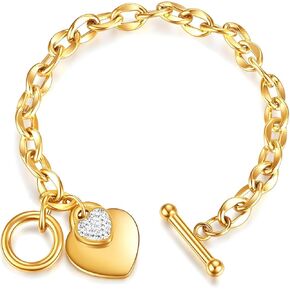 Ora & Eve 18K Gold- Heart Charm Bracelet for Women – Toggle Clasp, Waterproof, Hypoallergenic, Dainty Link Chain, Cubic Zirconia Accent, Adjustable Jewelry Gift in Saudi Arabia