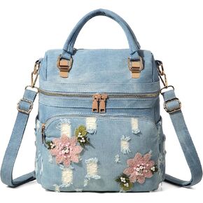 Washed Denim Backpack Purse for Women Distressed Denim Daypack Fashion Blue Jean Bags (Deep Blue) in Saudi Arabia