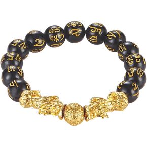 KINLNGEE Pixiu Feng Shui Bracelet, Dual 24K Gold-Plated Pixiu with Black Obsidian Beads for Wealth, Protection & Good Luck, Jewelry Gift(10mm) in Saudi Arabia