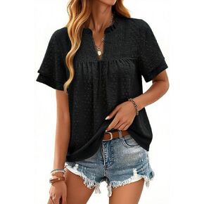 Halife Womens Summer Boho Tops V Neck Ruffle Short Sleeve Blouses Dressy Casual Lace Edges Swiss Dot Flowy Shirts in Saudi Arabia