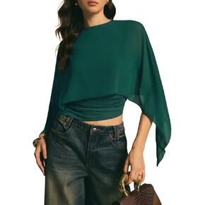 Acelitt Women's Chiffon Cape Blouse Asymmetrical Flowy Batwing Sleeve Crop Top Dressy Sheer Shawl Shirt in Kuwait