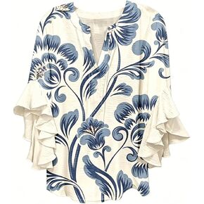 Womens Boho Floral Print Blouse Flowy V Neck with Ruffled Bell Sleeves Bohemian Casual Loose Top in Saudi Arabia