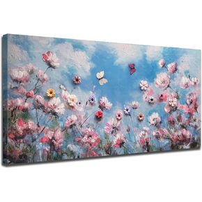 Arjun Wildflower Canvas Wall Art Pink Flower Field Painting Panoramic Floral Landscape, Large Framed Blue Sky Artwork Nature Picture for Living Room Bedroom Home Office Wall Decor in Saudi Arabia