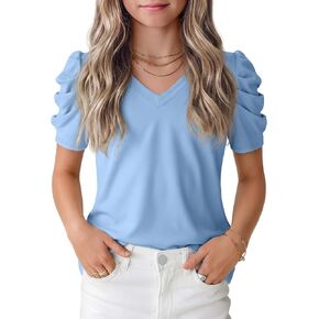 Girls' Puff Short Sleeve T Shirts V Neck Loose Fit Tops Casual Summer Basic Tees Cute Tshirts for Kids 5-14 Years in Saudi Arabia