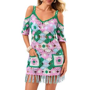 FAIRY SEASON Women's Crochet Beach Cover Up Dress with Pockets,Cold Shoulder Daisy Floral Swimsuit Coverup for Vacation in Saudi Arabia