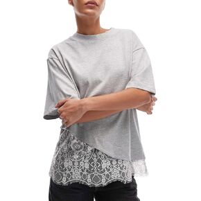 Women's Lace Patchwork Top Summer Daily Relaxed Fit Drop Shoulder Short Sleeve Blouse Casual Weekend T-Shirt(LightGrey-L) in Saudi Arabia
