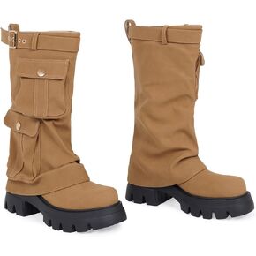 HiColor women's metallic silver or khaki cargo style pockets round toe chunky sole buckle boots in Saudi Arabia
