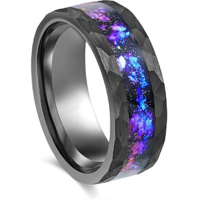 Men's Wedding Ring 8mm Black Hammered Tungsten Sandstone Galaxy Nebula Inlay – Comfort Fit Mens Wedding Band with Antique Wooden Ring Box in Saudi Arabia