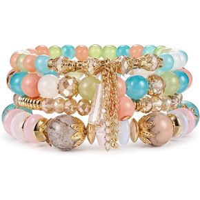 Tungary 4Pcs Beaded Bracelets for Women Bohemian Bracelet Stacks Handmade Natural Stone Stretch Bracelets Multi-Color Daily Wear Accessories Summer Beach Boho Jewelry Gift in Saudi Arabia