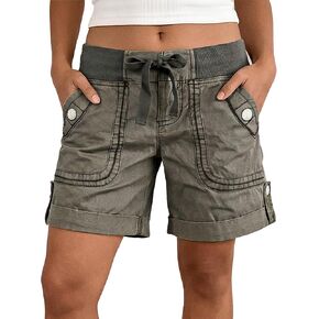 Flamingals Straight Leg Mid Waist Shorts for Women Mid Thigh Length Button Tab Roll Hem Shorts with Pockets in Kuwait