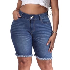 Gocolloa Women's Plus Size High Waisted Stretchy Jean Shorts 10" Inseam Raw Hem Denim Bermuda Shorts in Saudi Arabia