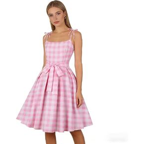 Pink Swing Dress Tie Shoulder Plaid Printed Knot Waist Dress in Kuwait