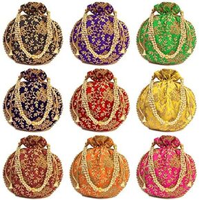Indian Ethnic Potli Bag Ladies Handbag Purse for Bridal Batwa Pearls Handle Purse Clutch Purse for Women | Lightweight in Saudi Arabia