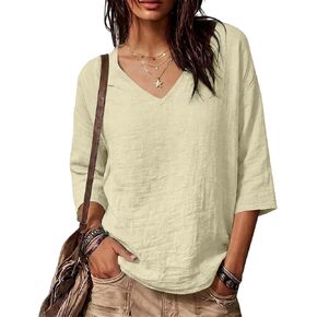 Womens Linen Tops Summer Plus Size Gauze Shirts 3/4 Sleeve V Neck Tunic Blouse Loose Fit Casual Vacation Clothes in Kuwait