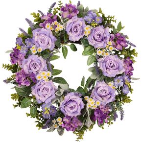 24 Inch Purple Rose Wreath for Front Door, Spring Summer Floral Wreath with Hydrangea Lavender Daisy, Artificial Flowers Wreath for Outdoor Porch Indoor Home Wall Decor in Saudi Arabia